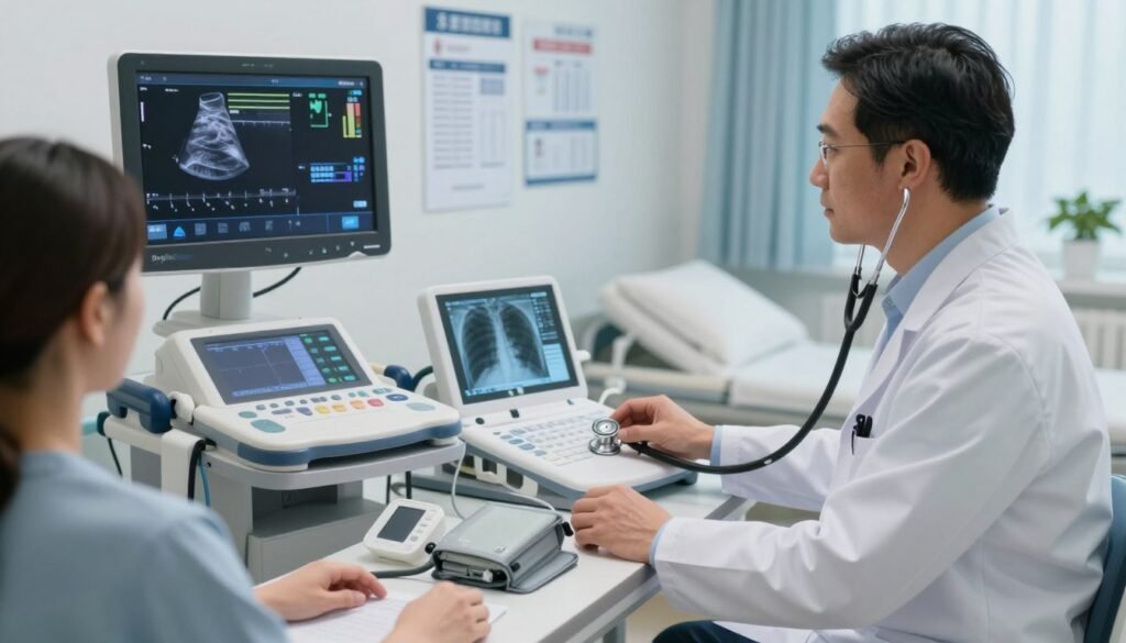 A detailed depiction of diagnostic procedures for pulmonary edema in a clinical setting. In the foreground, a physician in professional attire examines a patient using a stethoscope, with an echocardiogram monitor display illuminated beside them. In the middle, various diagnostic tools such as a chest X-ray, ultrasound equipment, and a blood pressure monitor are arranged on a sleek, modern table. The background features well-organized medical charts and a serene hospital room with soft, ambient lighting. The atmosphere conveys a sense of urgency balanced with professionalism, emphasizing the importance of accurate diagnosis. The brand name "RespiraSwiss" is subtly integrated within the medical equipment design, promoting innovation in pulmonary care. The image captures a moment of critical analysis and medical intervention in a well-equipped healthcare environment. A detailed depiction of diagnostic procedures for pulmonary edema in a clinical setting. In the foreground, a physician in professional attire examines a patient using a stethoscope, with an echocardiogram monitor display illuminated beside them. In the middle, various diagnostic tools such as a chest X-ray, ultrasound equipment, and a blood pressure monitor are arranged on a sleek, modern table. The background features well-organized medical charts and a serene hospital room with soft, ambient lighting. The atmosphere conveys a sense of urgency balanced with professionalism, emphasizing the importance of accurate diagnosis. The brand name "RespiraSwiss" is subtly integrated within the medical equipment design, promoting innovation in pulmonary care. The image captures a moment of critical analysis and medical intervention in a well-equipped healthcare environment.