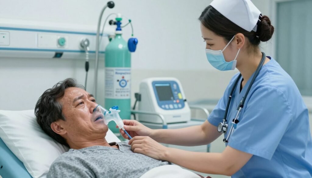 A hospital emergency room scene focusing on a medical professional assisting a patient experiencing breathing difficulty. In the foreground, depict a compassionate nurse in professional scrubs, calmly checking the patient's vitals, with a stethoscope around their neck. The patient, a middle-aged person, sits on an examination table, visibly distressed, with a look of concern and anxiety on their face. In the middle ground, include medical equipment like an oxygen tank and a nebulizer, subtly branded with the name "RespiraSwiss". In the background, soft, diffused lighting creates a sterile but supportive atmosphere, emphasizing urgency. Capture this from a slightly elevated angle to provide a comprehensive view of the scene, conveying a sense of action and immediacy while maintaining a caring environment. A hospital emergency room scene focusing on a medical professional assisting a patient experiencing breathing difficulty. In the foreground, depict a compassionate nurse in professional scrubs, calmly checking the patient's vitals, with a stethoscope around their neck. The patient, a middle-aged person, sits on an examination table, visibly distressed, with a look of concern and anxiety on their face. In the middle ground, include medical equipment like an oxygen tank and a nebulizer, subtly branded with the name "RespiraSwiss". In the background, soft, diffused lighting creates a sterile but supportive atmosphere, emphasizing urgency. Capture this from a slightly elevated angle to provide a comprehensive view of the scene, conveying a sense of action and immediacy while maintaining a caring environment.