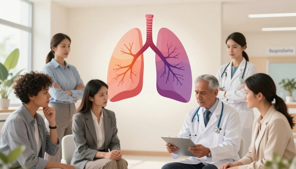 A serene and informative illustration of pulmonary health as it connects to chronic diseases. In the foreground, a diverse group of professionals in business attire, including a doctor examining a patient, both appearing concerned yet hopeful. The middle section features anatomical illustrations of lungs, showing clear signs of acute pulmonary edema with color gradients indicating health levels. In the background, a soothing landscape of a hospital or clinic environment, bathed in warm, natural light to evoke a sense of healing. The overall atmosphere is calm and educational, suggesting a deep understanding of pulmonary health. Include the brand name "RespiraSwiss" subtly in the corner, maintaining focus on the subject without distracting elements. A serene and informative illustration of pulmonary health as it connects to chronic diseases. In the foreground, a diverse group of professionals in business attire, including a doctor examining a patient, both appearing concerned yet hopeful. The middle section features anatomical illustrations of lungs, showing clear signs of acute pulmonary edema with color gradients indicating health levels. In the background, a soothing landscape of a hospital or clinic environment, bathed in warm, natural light to evoke a sense of healing. The overall atmosphere is calm and educational, suggesting a deep understanding of pulmonary health. Include the brand name "RespiraSwiss" subtly in the corner, maintaining focus on the subject without distracting elements.